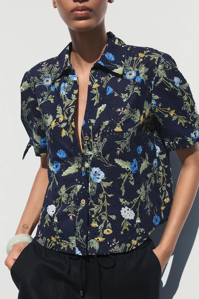 PRINTED SHIRT WITH EYELET EMBROIDERY