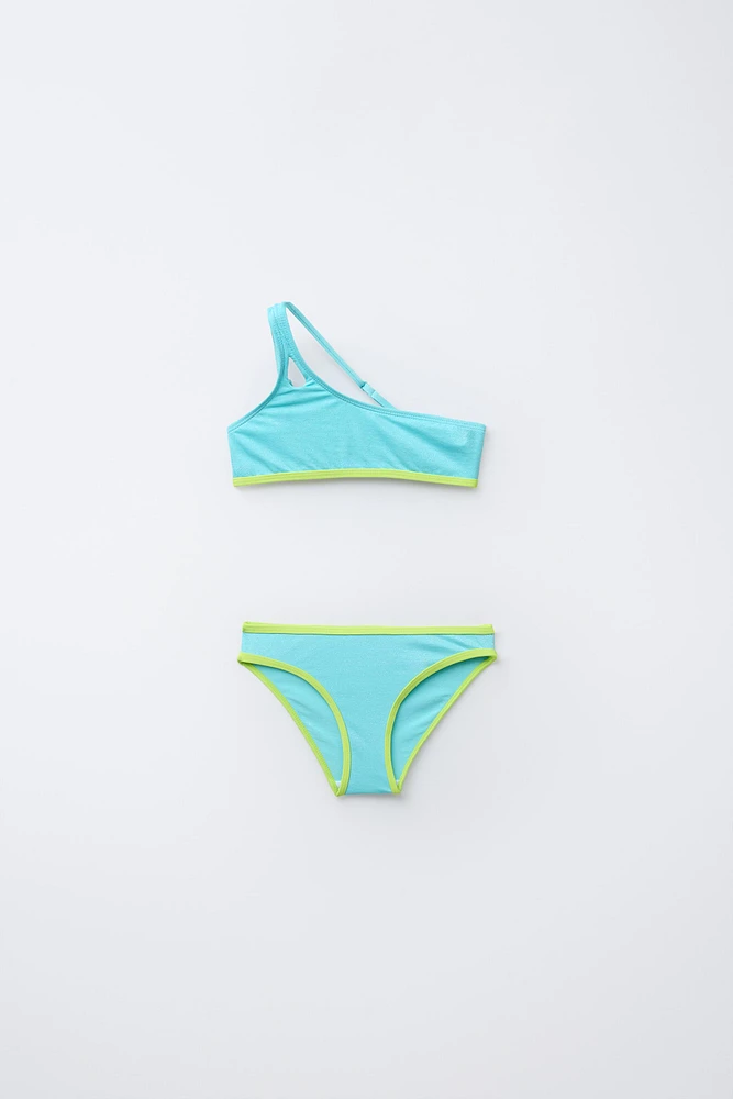 6-14 YEARS/ SHINY ASYMMETRIC BIKINI WITH PIPING
