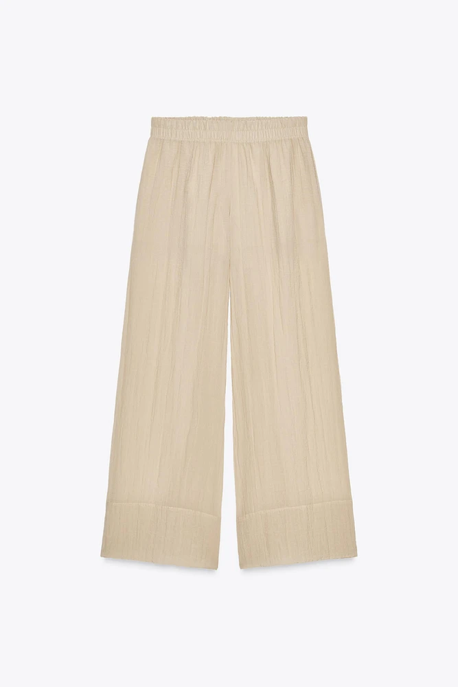 WRINKLED EFFECT SEMI-SHEER WIDE LEG PANTS