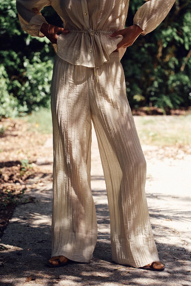 WRINKLED EFFECT SEMI-SHEER WIDE LEG PANTS
