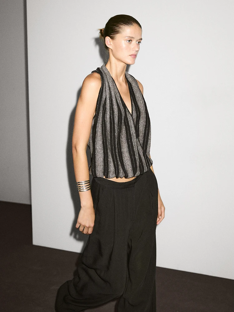 Linen blend knit crossover halter top