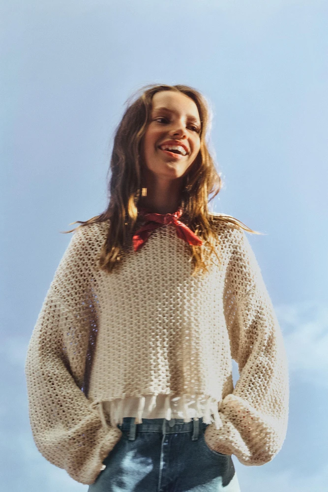 FRINGED MESH KNIT SWEATER