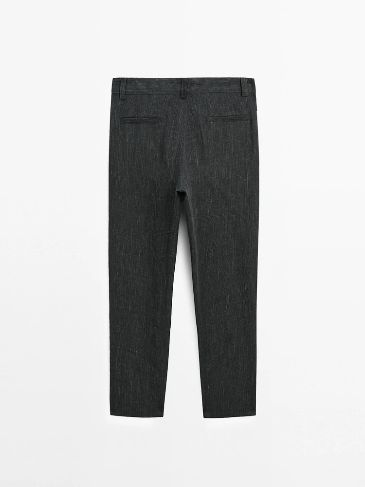 100% linen trousers with check detail