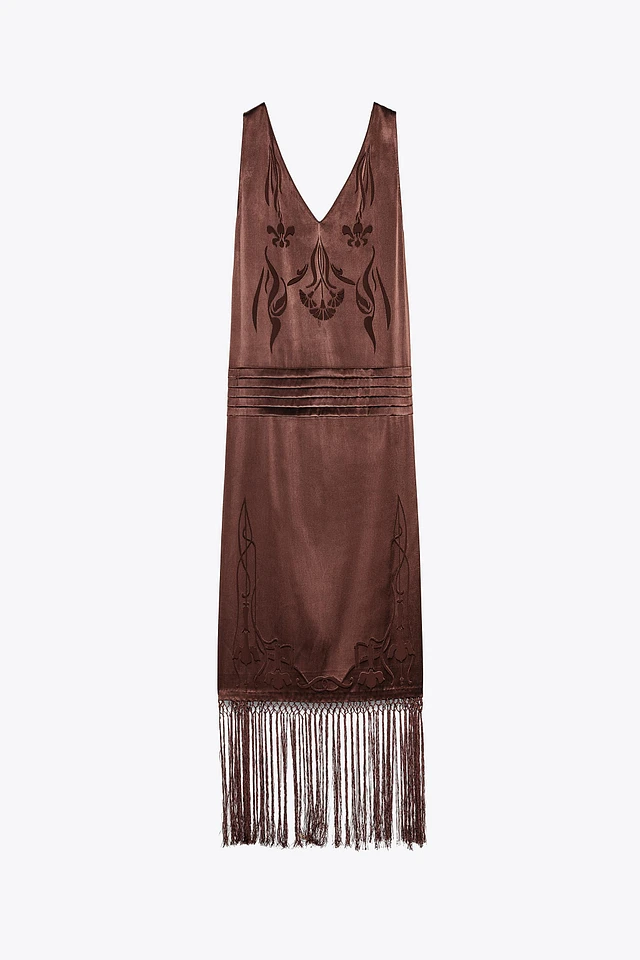 zara embroidered dress with tassels Zara Black Embroidered and Beaded Fringe Midi Dress
