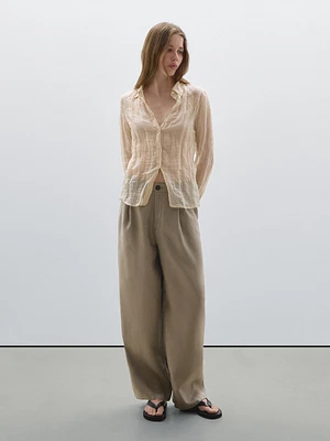 100% linen wide-leg mid-rise trousers