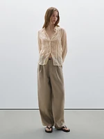 100% linen wide-leg mid-rise trousers