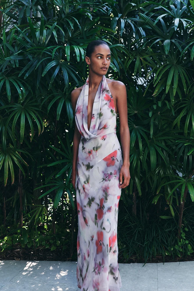 PRINTED MIDI HALTER DRESS