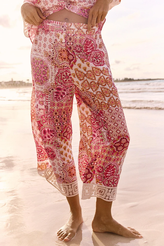 GUIPURE TRIM PRINTED PANTS