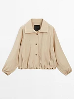 High neck linen blend bomber jacket