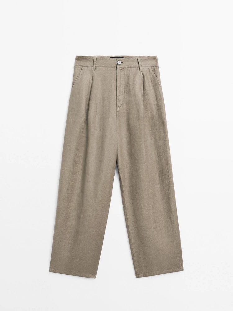100% linen wide-leg mid-rise trousers