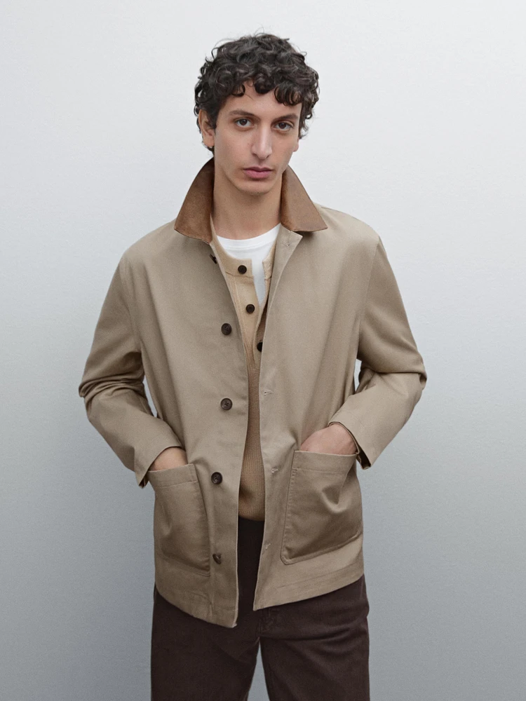 Short jacket with leather collar detail