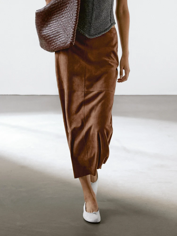 Suede leather midi skirt