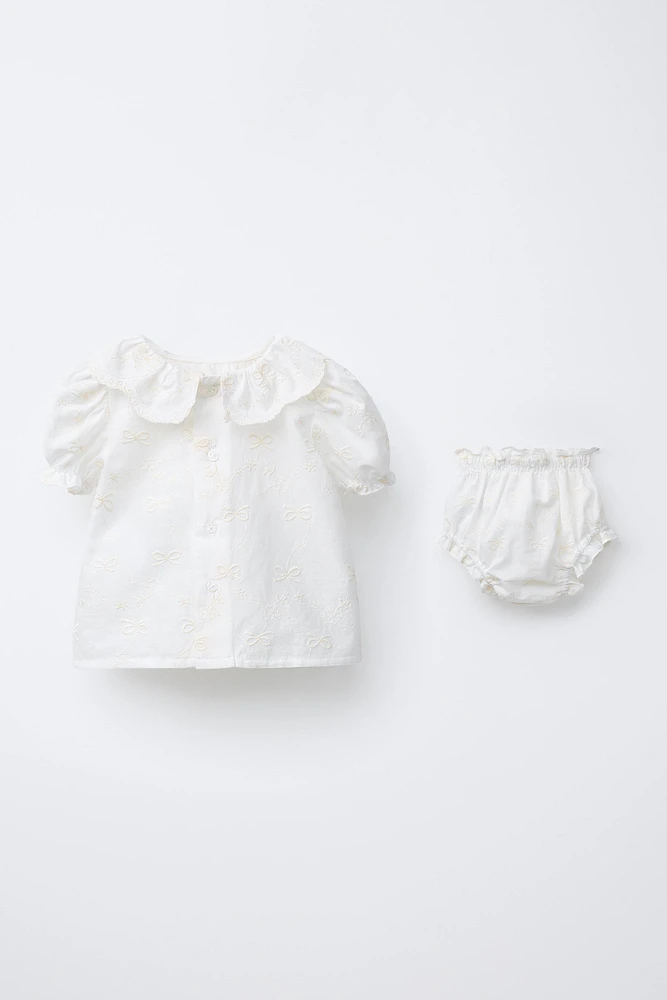 BLOUSE AND PANTIES WITH EMBROIDERED BOWS