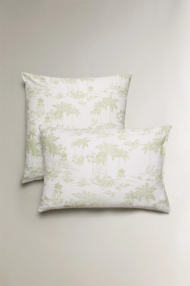 TOILE DE JOUY SATEEN PILLOWCASE WITH PALM TREES