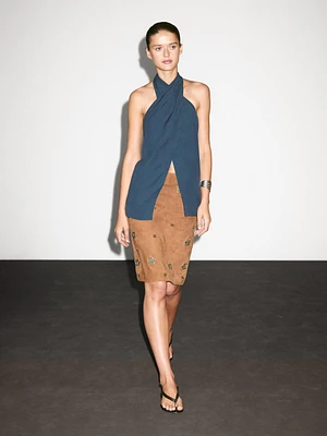 Suede leather skirt with rhinestone detail