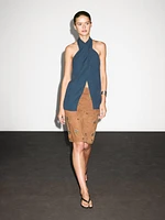 Suede leather skirt with rhinestone detail