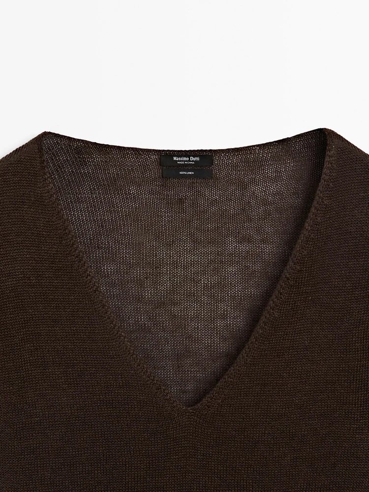 Pull en maille à col V 100 % lin