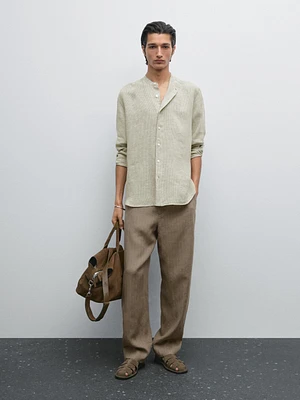 100% linen striped shirt with stand collar
