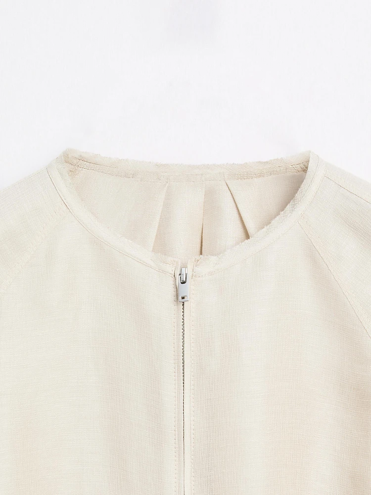 Frayed linen and silk bomber jacket