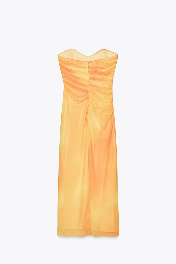 PRINTED TULLE STRAPLESS DRESS