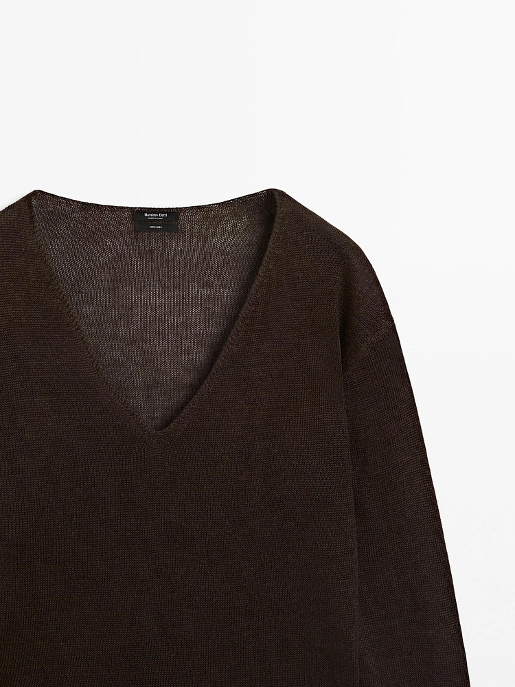 Pull en maille à col V 100 % lin