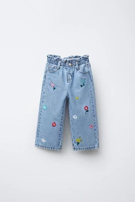 EMBROIDERED FLOWER PAPERBAG JEANS
