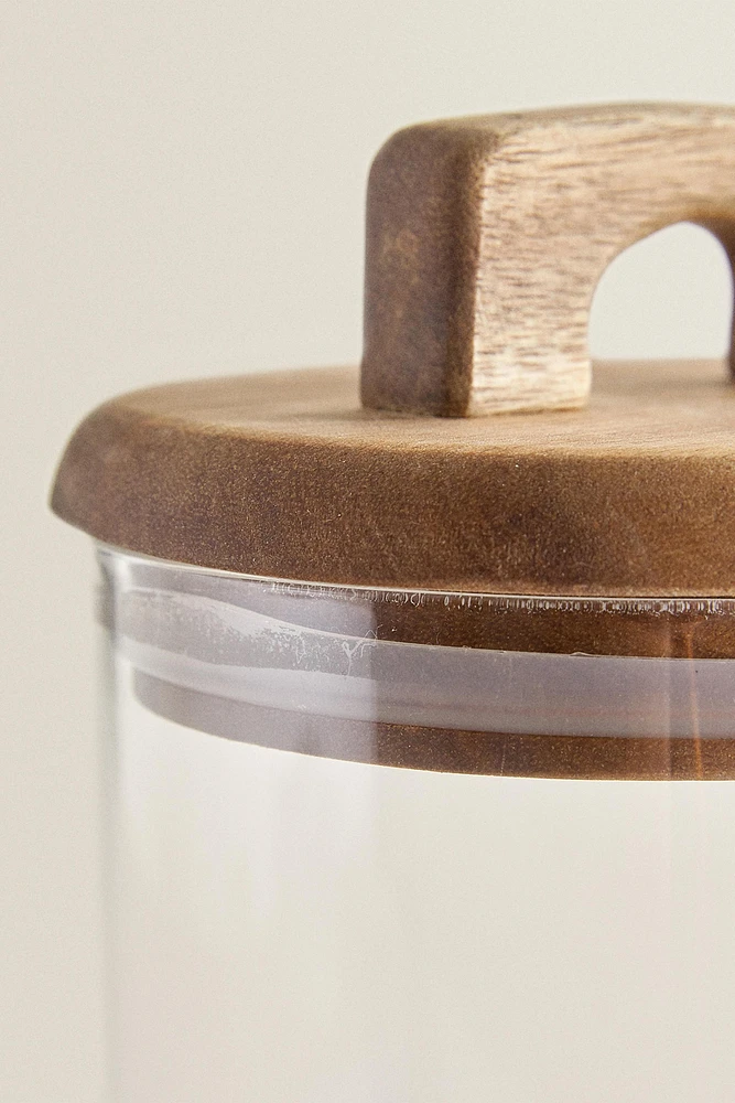 BOROSILICATE GLASS AND WOOD STORAGE JAR