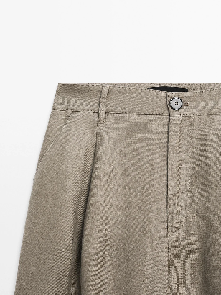 100% linen wide-leg mid-rise trousers