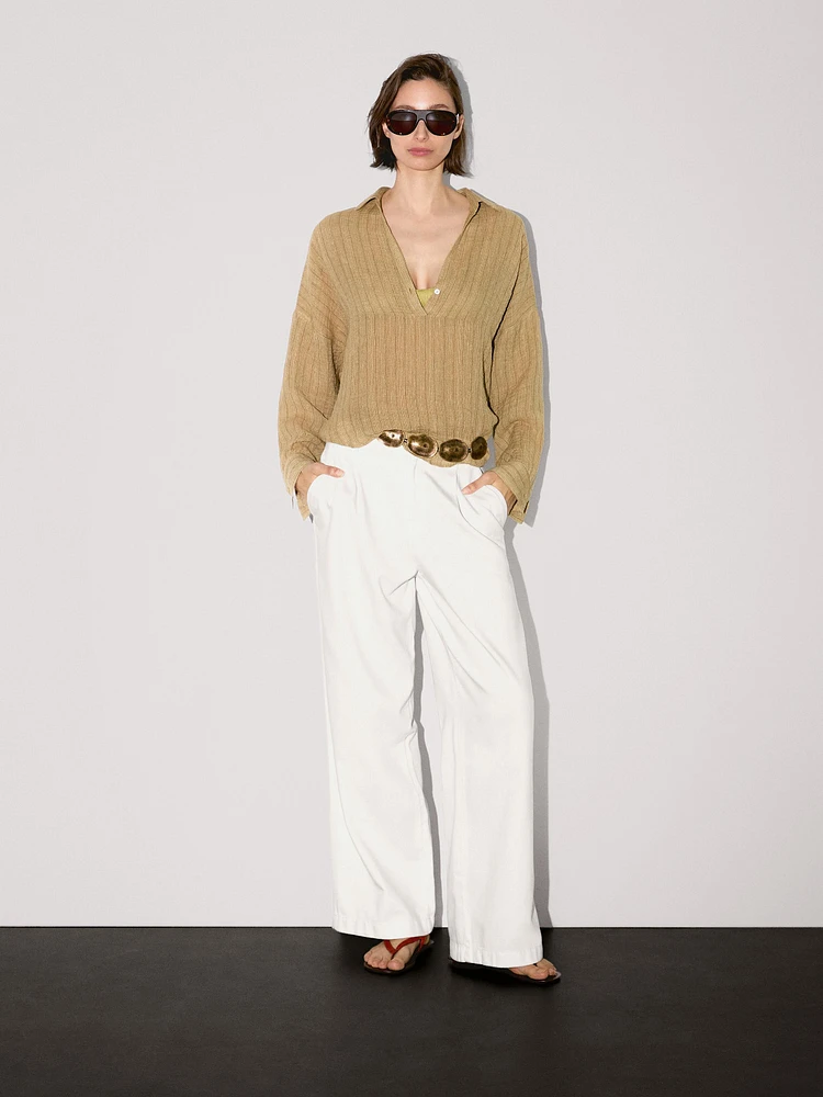 Linen blend open polo collar blouse