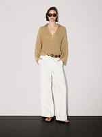 Linen blend open polo collar blouse