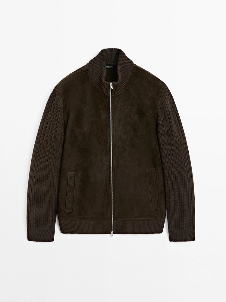 Contrast knit suede leather jacket