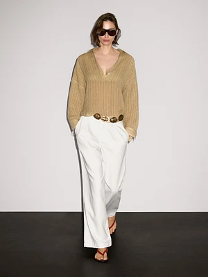 Linen blend open polo collar blouse