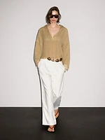 Linen blend open polo collar blouse