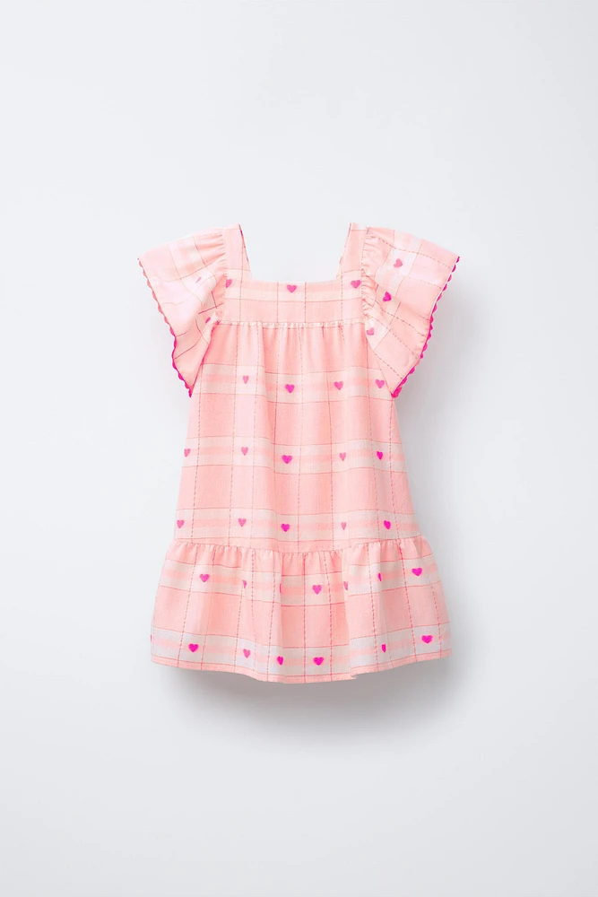 EMBROIDERED HEARTS PLAID DRESS