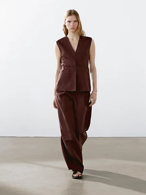 Long 100% linen waistcoat with ribbons