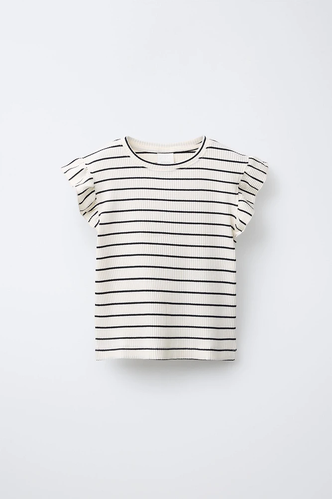 STRIPED RUFFLE RIBBED TOP
