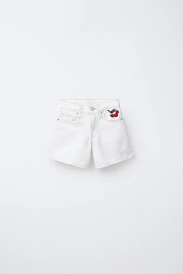 EMBROIDERED CHERRY DENIM SHORTS