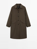 Technical fabric trench coat with button detail