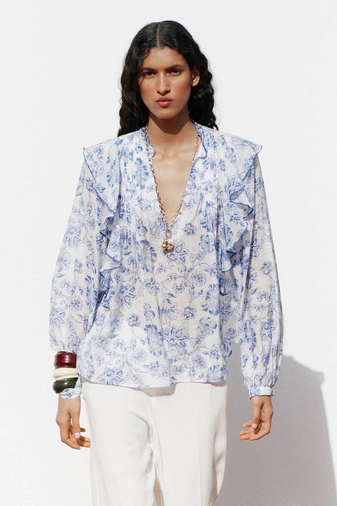 PRINTED RUFFLE PINTUCK BLOUSE