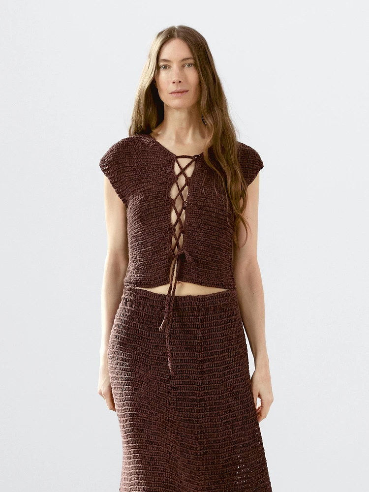 Cotton blend crochet waistcoat with tie detail