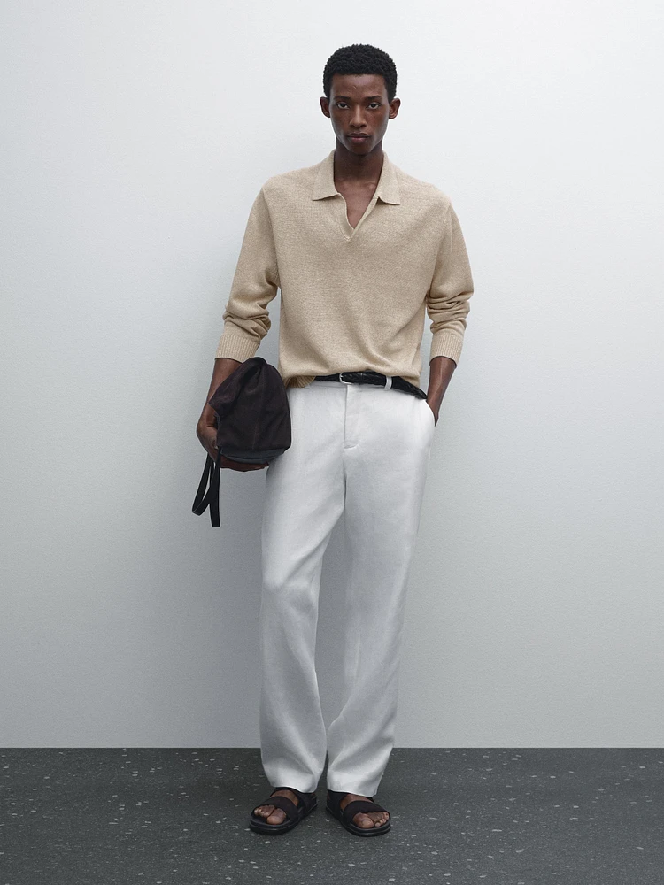 Linen blend melange knit polo sweater