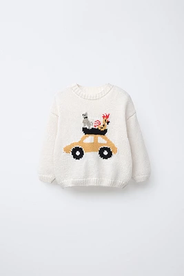 PULL EN MAILLE IMPRIMÉ VOITURE ET ANIMAUX