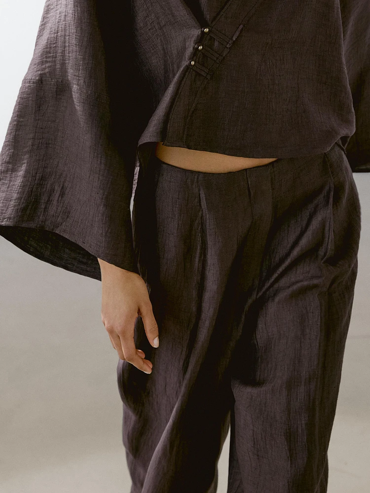Pantalon à pinces fluide en lin mélangé