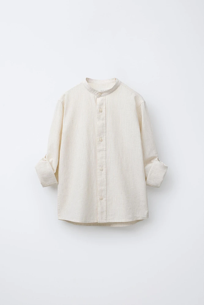 STRIPED LINEN MANDARIN COLLAR SHIRT