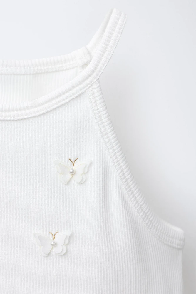 T-SHIRT CÔTELÉ PAPILLONS ET FLEURS