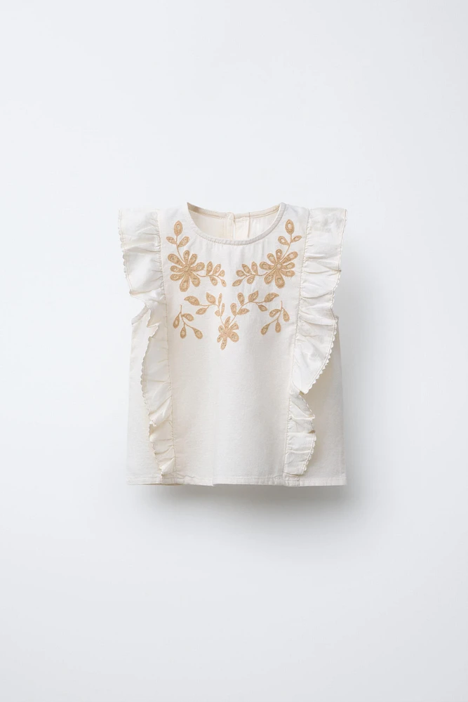 TOP BRODÉ FLEURS AVEC LIN