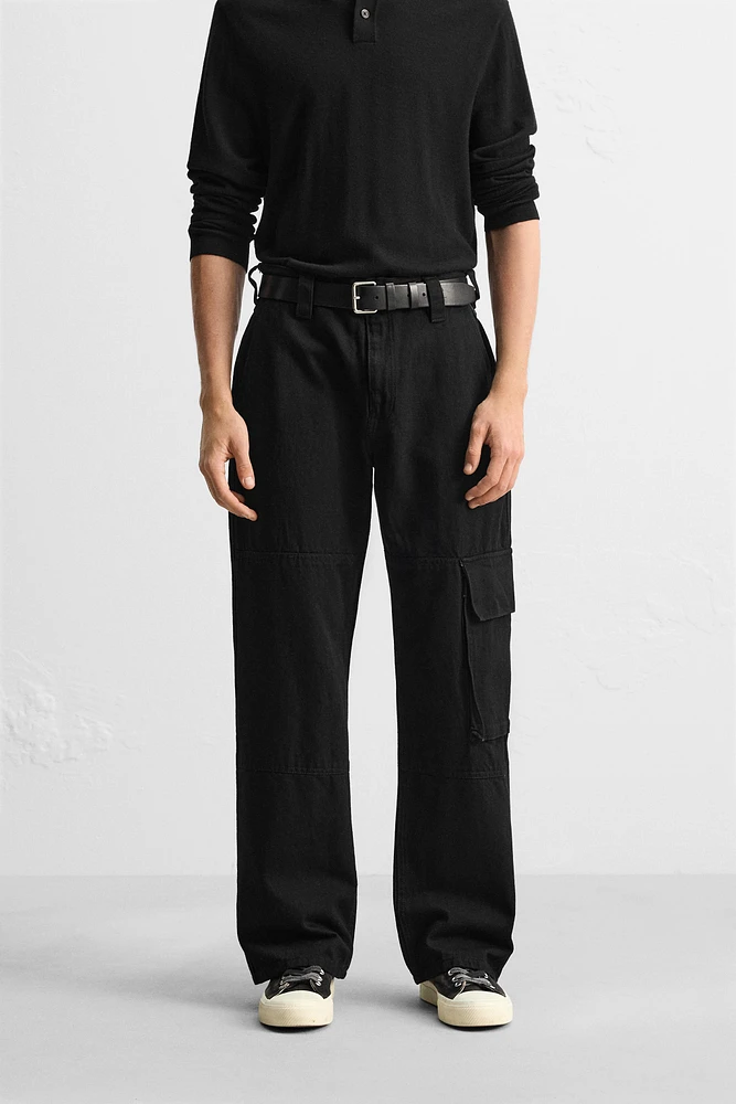 LEATHER PANEL CARGO JEANS