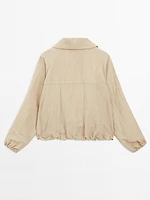 High neck linen blend bomber jacket