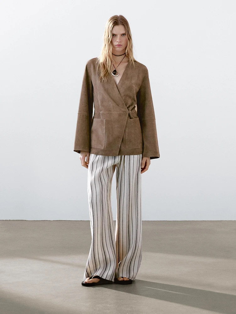 Crossover suede leather kimono