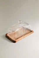 BOROSILICATE GLASS AND WOOD BUTTER DISH
